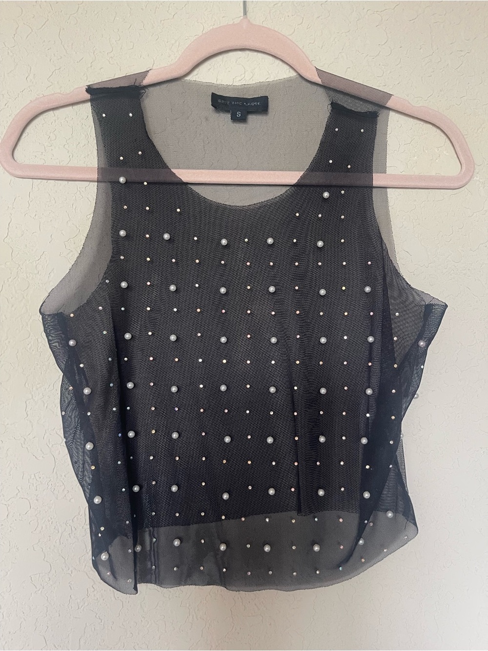 Metallic Embellished Black Sheer Pearl-Accent Sleeveless Camisole